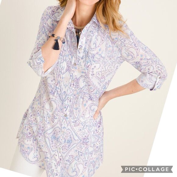 Chicos Tunic Button Down Shirt Paisley Long Sleeve Loose Fit Casual Top 3 XL - Picture 1 of 8